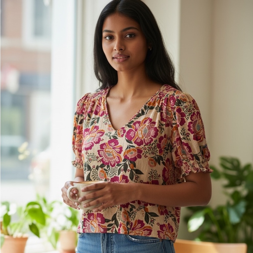 Floral V-Neck Puff Sleeve Crop Tee
